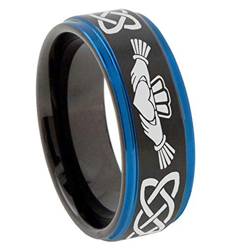 Men's or Women's Black with Blue Edges Irish Claddagh Tungsten Carbide Ring Embrace Love Heart Wedding Bands