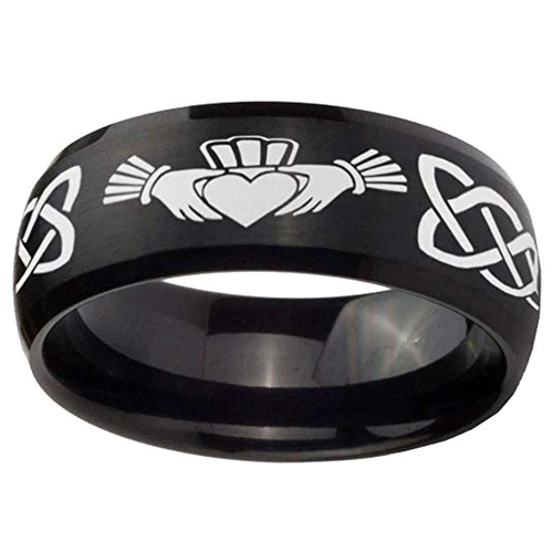 Men or Women Black Tungsten Carbide Rings With White Laser Irish Claddagh Carbon Fiber Embrace Love Heart Wedding Bands