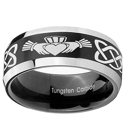 Men Women Black With Silver Rims Laser Irish Claddagh Tungsten Carbide Rings Embrace Love Heart Wedding Bands
