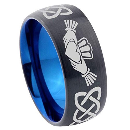 Mens Womens Black with Blue Irish Claddagh Tungsten carbide Matching Rings Embrace Love Heart Couple Wedding Bands