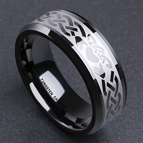 Mens Womens Black Tungsten carbide Matching Rings with Laser Etched Irish Claddagh Embrace Love Heart Wedding Bands