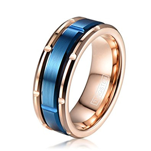 Women's or Men's Tungsten carbide Rings Couple Wedding Bands Carbon Fiber Rose Gold Band with Middle Blue Brick