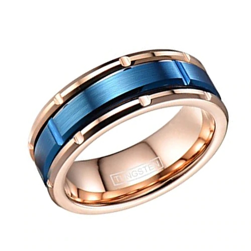 Women's or Men's Tungsten carbide Rings Couple Wedding Bands Carbon Fiber Rose Gold Band with Middle Blue Brick