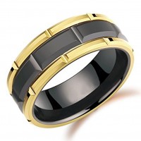 Women's or Men's Tungsten carbide Matching Rings Duo Tone Black and Yellow Gold Tone Brick Pattern Wedding Bands Carbon Fiber
