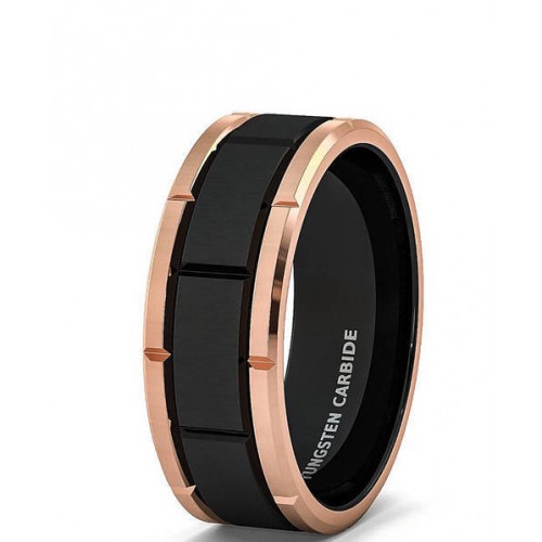 Women's Or Men's Tungsten Carbide Wedding Band Rings,Duo Tone Black and Rose Gold Brick Pattern Comfort Grooved Fit