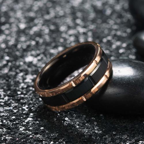 Women's Or Men's Tungsten Carbide Wedding Band Rings,Duo Tone Black and Rose Gold Brick Pattern Comfort Grooved Fit