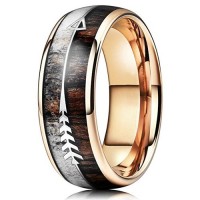 Women's Or Men's Tungsten Carbide Couple Wedding Bands Carbon Fiber Matching Rings,Rose Gold Cupid's Arrow over Wood Inlay