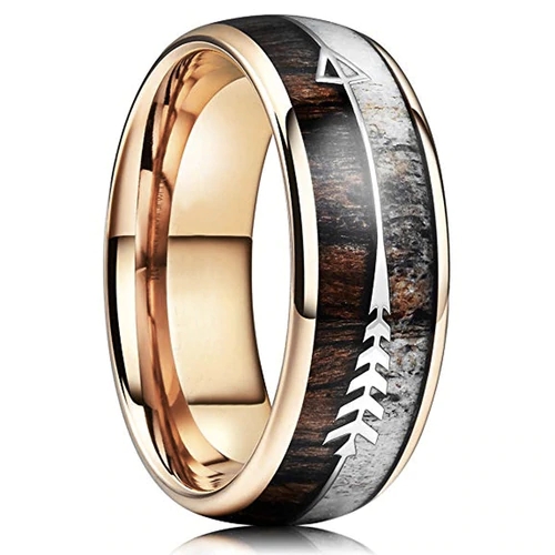 Women's Or Men's Tungsten Carbide Couple Wedding Bands Carbon Fiber Matching Rings,Rose Gold Cupid's Arrow over Wood Inlay