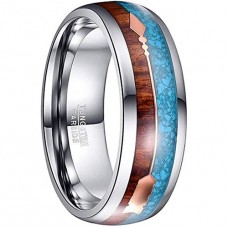 Mens Womens Tungsten Carbide Rings Silver Tone Band with Cupid's Arrow over Wood and Blue Turquoise Inlay Wedding Bands