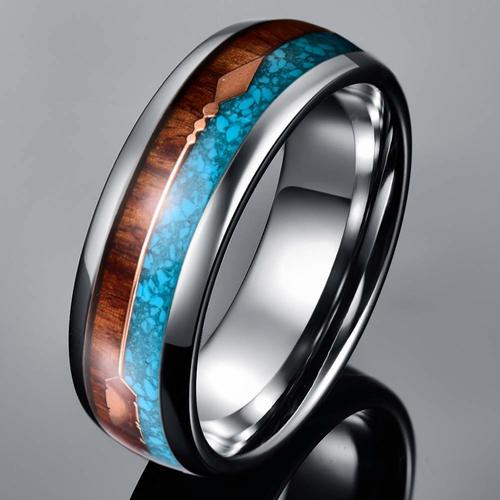 Mens Womens Tungsten Carbide Rings Silver Tone Band with Cupid's Arrow over Wood and Blue Turquoise Inlay Wedding Bands