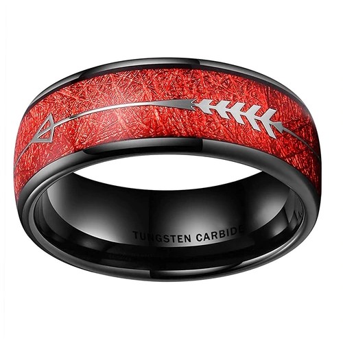 Women's Or Men's Tungsten Carbide Matching Rings,Black Tone Ring with Cupid's Arrow over Red Inspired Meteorite Inlay
