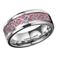 Women's or Men's Tungsten carbide Matching Rings Couple Wedding Bands Carbon Fiber Silver Resin Inlay Red Tungsten Celtic Dragon