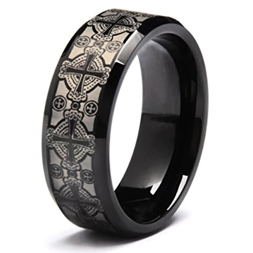 Black Women Or Men's Cross Tungsten carbide Matching Rings Carbon Fiber,Laser Etched Celtic Crosses Couple Wedding Bands