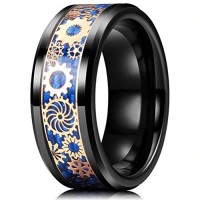 Mens Womens Tungsten Carbide Rings Couple Wedding Band Black With Gold Watch Gear Resin Inlay Design Over Blue