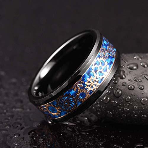 Mens Womens Tungsten Carbide Rings Couple Wedding Band Black With Gold Watch Gear Resin Inlay Design Over Blue