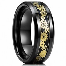 Women's or Men's Tungsten Carbide Rings,Black With Yellow Gold Watch Gear Resin Inlay Design Over Black Wedding Bands