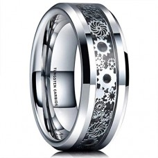 Mens Womens Tungsten Carbide Rings,Silver Band With Silver Watch Gear Resin Inlay Design Over Black Wedding Bands Carbon Fiber