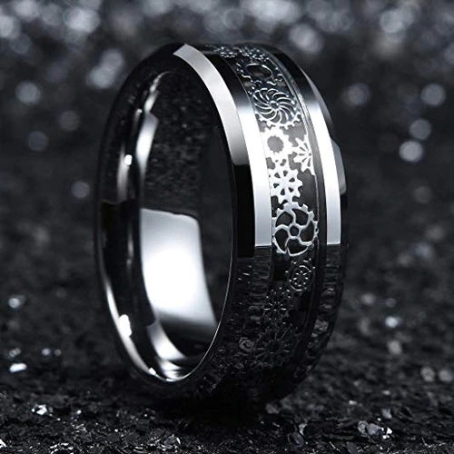Mens Womens Tungsten Carbide Rings,Silver Band With Silver Watch Gear Resin Inlay Design Over Black Wedding Bands Carbon Fiber