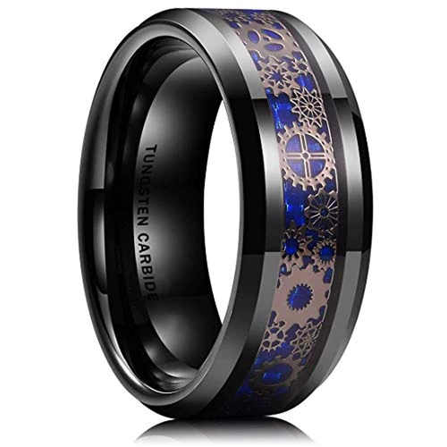 Mens Womens Tungsten Carbide Rings,Black With Rose Gold Watch Gear Resin Inlay Design Over Blue Wedding Bands