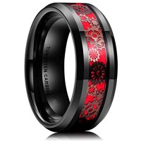 Mens Womens Tungsten Carbide Rings,Black With Dark Color Watch Gear Resin Inlay Design Over Red Wedding Bands Carbon Fiber