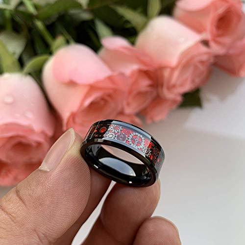 Mens Womens Tungsten Carbide Rings,Black With Dark Color Watch Gear Resin Inlay Design Over Red Wedding Bands Carbon Fiber