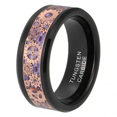 Women's or Men's Tungsten Carbide Rings,Violet Purple Carbon Fiber Inlay Black with Rose Gold Mechanical Watches Gear Wedding Bands
