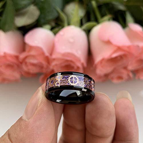 Women's or Men's Tungsten Carbide Rings,Violet Purple Carbon Fiber Inlay Black with Rose Gold Mechanical Watches Gear Wedding Bands