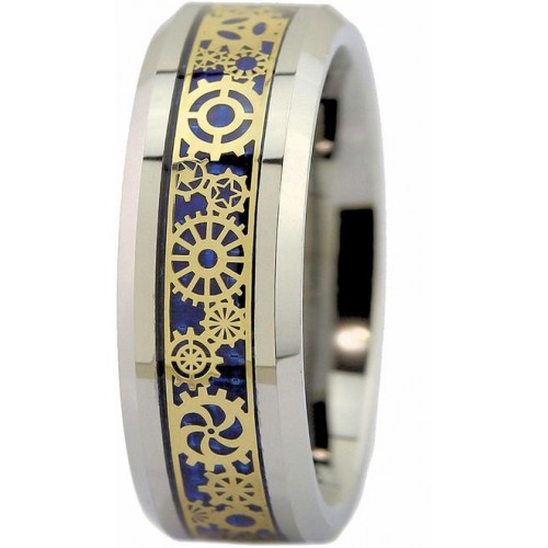 Mens Womens Tungsten Carbide Rings,Gold Watches Gear Over Blue Carbon Fiber Inlay And Silver Bands,Gold Mechanical Wedding Bands