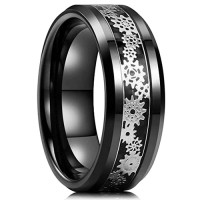 Women's or Men's Tungsten Carbide Rings Wedding Bands Carbon Fiber Black with Mechanical Gear Silver