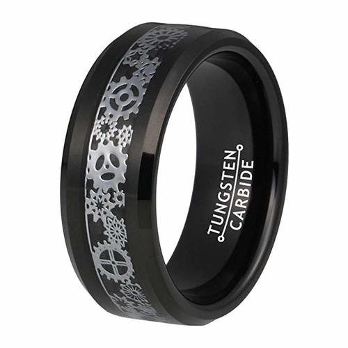 Women's or Men's Tungsten Carbide Rings Wedding Bands Carbon Fiber Black with Mechanical Gear Silver