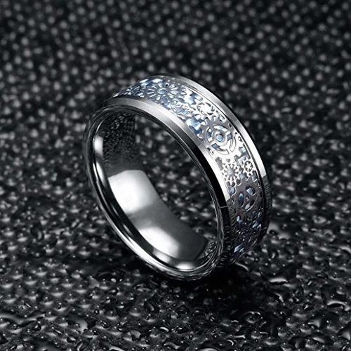 Women Or Men Tungsten Carbide Wedding Bands Gear Rings Sky Blue Carbon Fiber Inlay Couple
