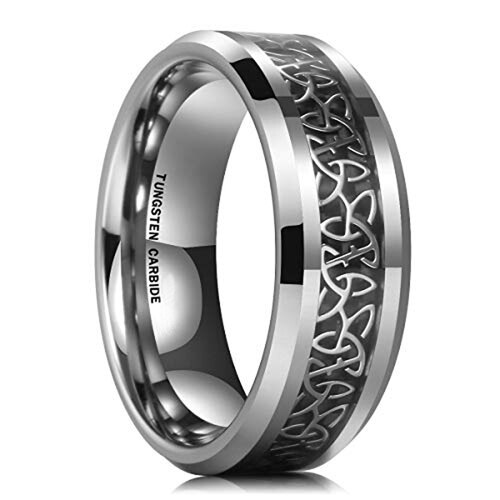 Silver Celtic Knot Tungsten Carbide Rings Women's Or Men's Carbon Fiber Couples Wedding Bands Comfort fits
