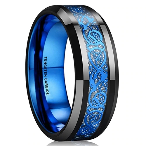 Men's Women Black and Blue Celtic Dragon Knot Tungsten carbide Matching Rings Couple Wedding Bands Carbon Fiber Comfort fit