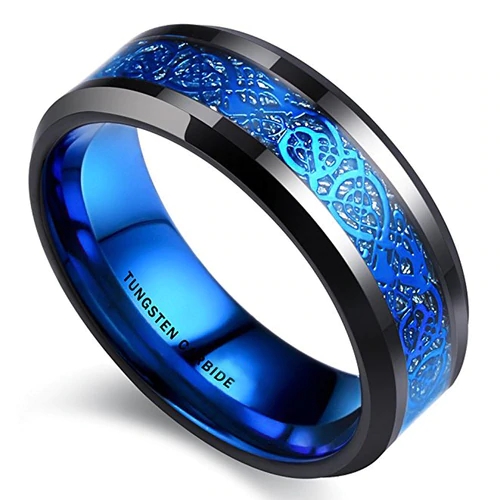 Men's Women Black and Blue Celtic Dragon Knot Tungsten carbide Matching Rings Couple Wedding Bands Carbon Fiber Comfort fit