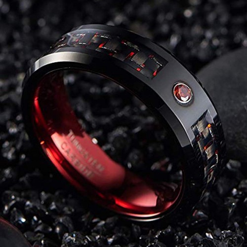 Womens Mens Red Black Tungsten carbide Matching Rings with CZ Couple Wedding Bands Carbon Fiber