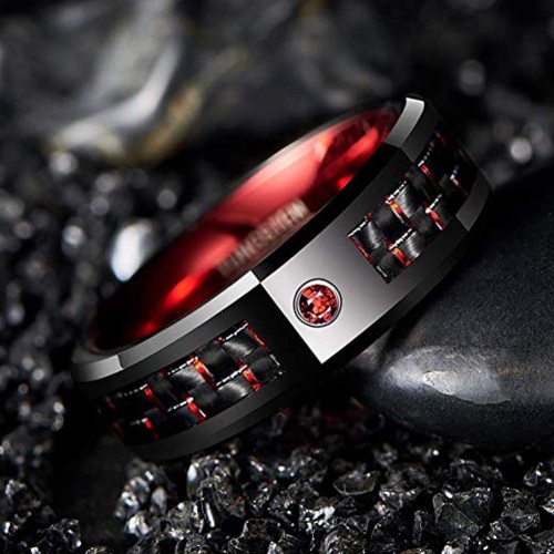 Womens Mens Red Black Tungsten carbide Matching Rings with CZ Couple Wedding Bands Carbon Fiber