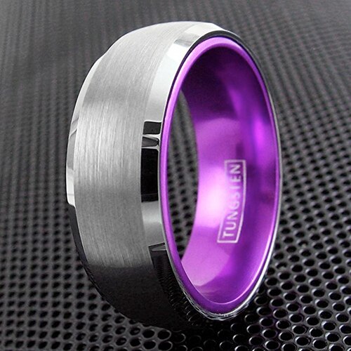 Women's Or Men’s Tungsten carbide Matching Rings Matte Finish Silver Top with Violet Purple Inside Beveled Couple Wedding Bands