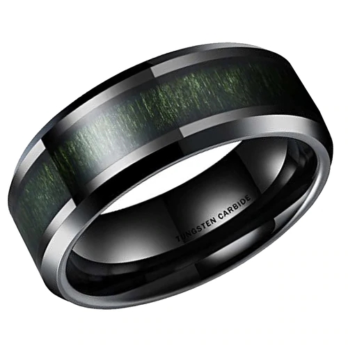 Tungsten Carbide Rings for Mens Womens Couple Wedding Bands Carbon Fiber Matching Black with High Polish Green Wood