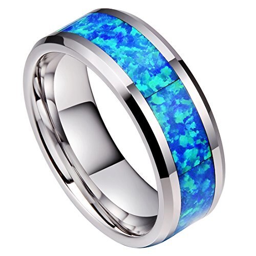 Women's Or Men's Blue Opal Inlay Tungsten Carbide Rings Wedding Bands Silver Tone Couple Carbon Fiber