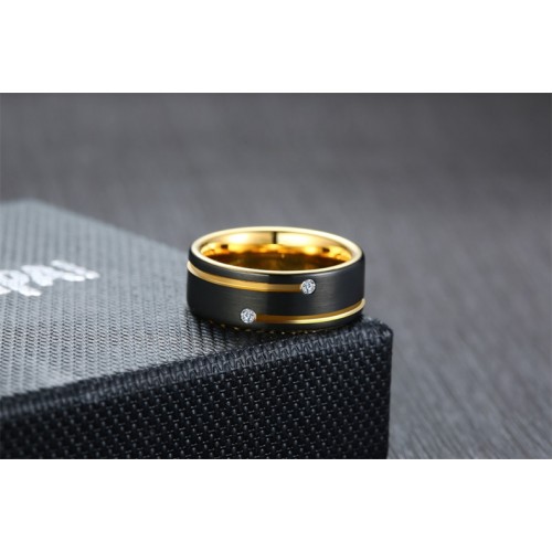 Women's Or Men's 8mm Black Tungsten Carbide Rings Carbon Fiber Gold Plated Grooved Line Cubic Couple Wedding Bands