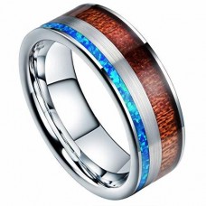 Women's Or Men's Tungsten Carbide Wedding Band Matching Rings,Silver band with Wood and Blue Opal Inlay Ring Comfort Fit 