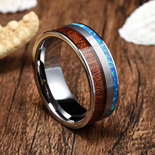 Women's Or Men's Tungsten Carbide Wedding Band Matching Rings,Silver band with Wood and Blue Opal Inlay Ring Comfort Fit 
