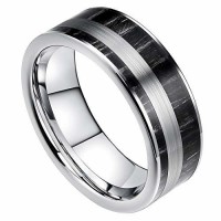 Tungsten Carbide Rings for Mens Womens Couple Wedding Bands Carbon Fiber Matching Black with Silver Tone Stripe