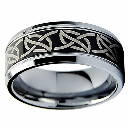  Women's Or Men's Silver and Black Tungsten Carbide Rings,Laser Etched Sharp Tribal Design Wedding Bands Carbon Fiber