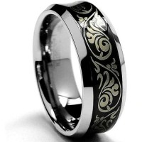 Women's Or Men's Silver and Black Tungsten carbide Matching Rings Laser Etched Tribal Florentine Design Wedding Bands