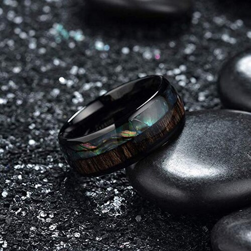 Women's Or Men's Tungsten Carbide Matching Rings,Black Tone Rainbow Shell Ring with Zebra Wood - Multi Color Organic