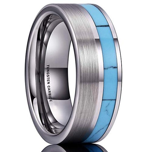  Women's Or Men's Blue Turquoise Inlay Tungsten Carbide Rings Couple Wedding Bands Carbon Fiber Matte Silver Tone Top