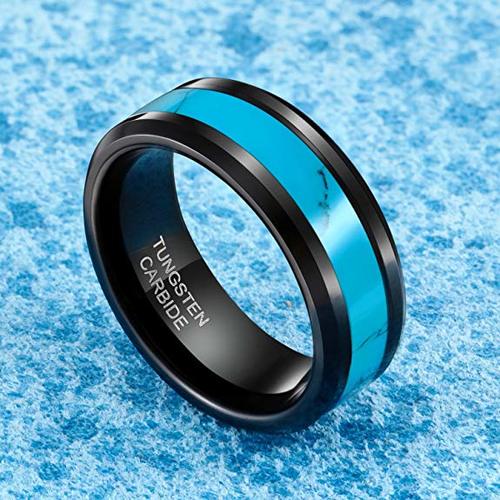 Men's or Women's Black Tungsten Carbide Rings Blue Turquoise Inlay Carbon Fiber Couples Wedding Bands Comfort fits