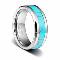 Men's or Women's Blue Turquoise Inlay Engraved Custom Tungsten Carbide Wedding Band Carbon Fiber Matching Rings,Silver Tone Tu
