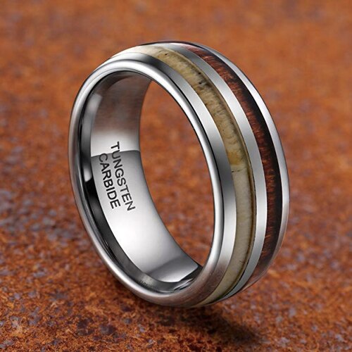 Mens Womens Wedding Tungsten Carbide Wedding Band Matching Rings,Antler and Wood Inlay Domed Top Carbon Fiber